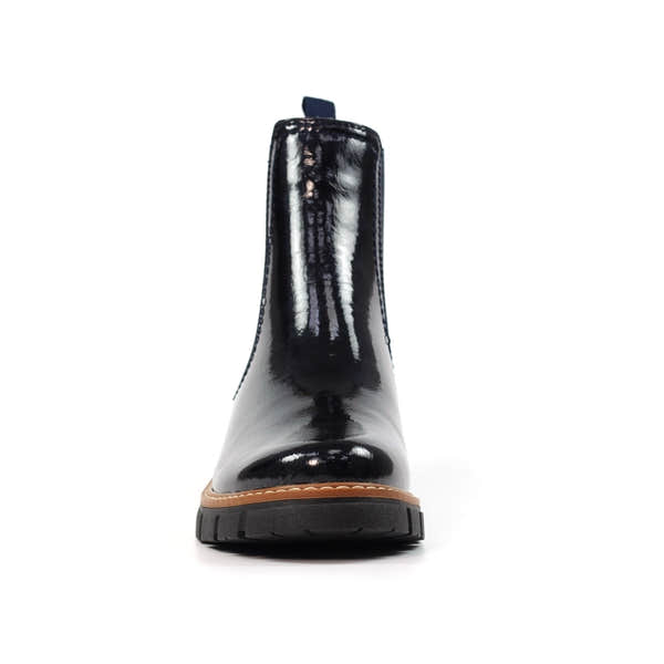 Lunar GLB222 Peace Ladies Navy Patent Leather Pull-On Ankle Boots with chunky sole and tan trim.