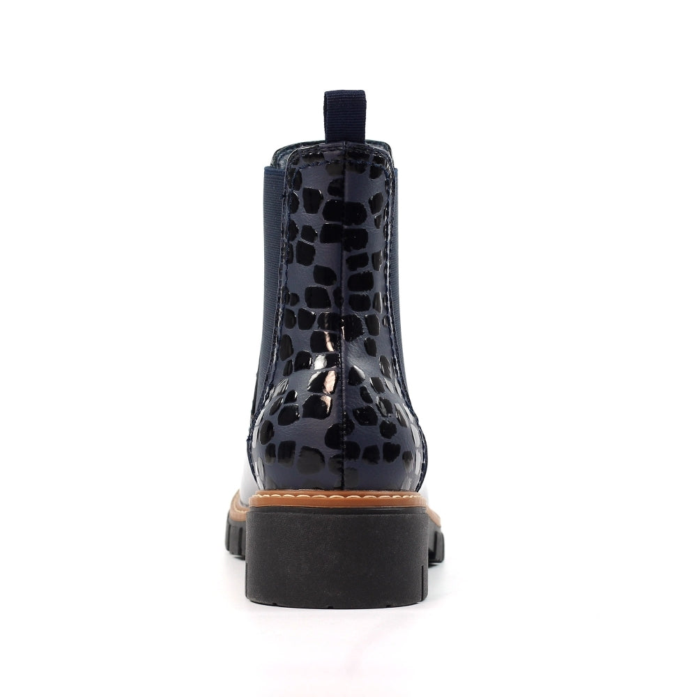 Lunar GLB222 Peace Ladies Navy Pull-On Ankle Boots with leopard print pattern and chunky black sole.
