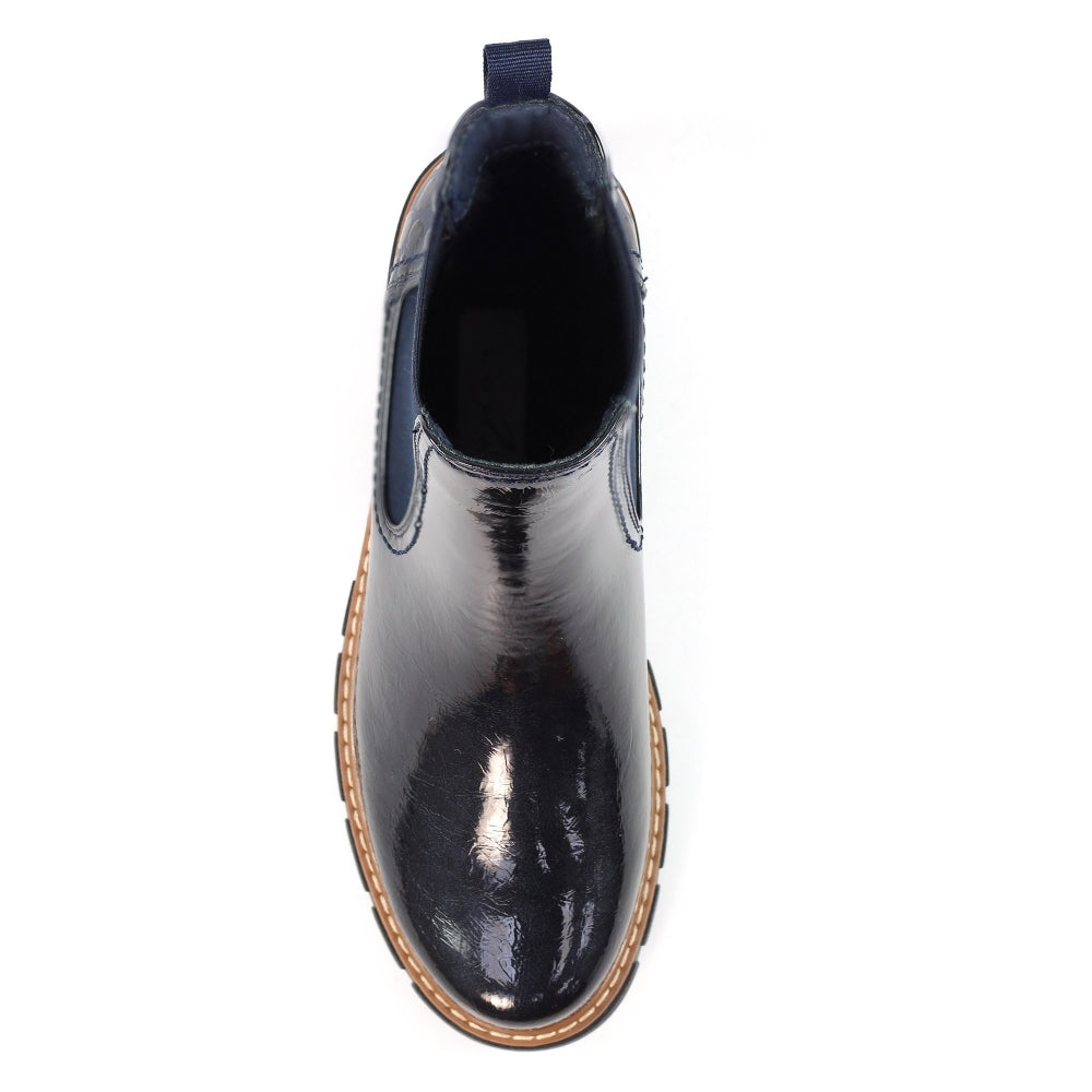 Lunar GLB222 Peace Ladies Navy Pull-On Ankle Boots, glossy waterproof leather, round toe, and low heel, stylish and comfortable.