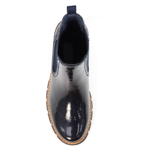 Lunar GLB222 Peace Ladies Navy Pull-On Ankle Boots, glossy waterproof leather, round toe, and low heel, stylish and comfortable.