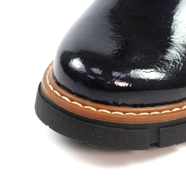 Lunar GLB222 Peace Ladies Navy Pull-On Ankle Boots, shiny patent finish, chunky sole, and stylish design.