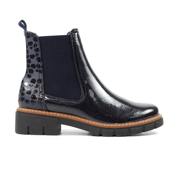 Lunar GLB222 Peace Ladies Navy Pull-On Ankle Boots, shiny patent finish with leopard-print heel tab, rubber sole, and elastic sides.