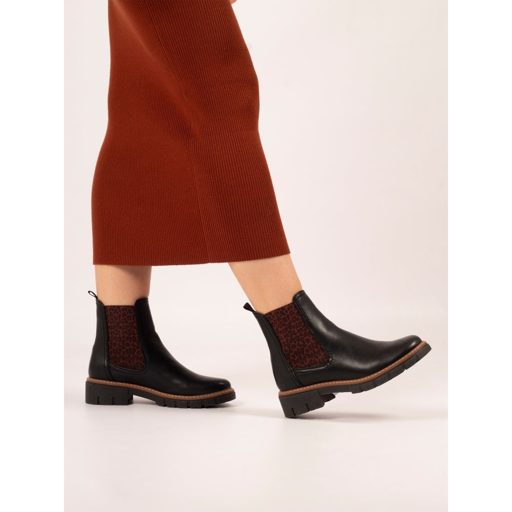 Lunar GLB225 Ribble Ladies Black Pull-On Ankle Boots with leopard print elastic sides and chunky heel.