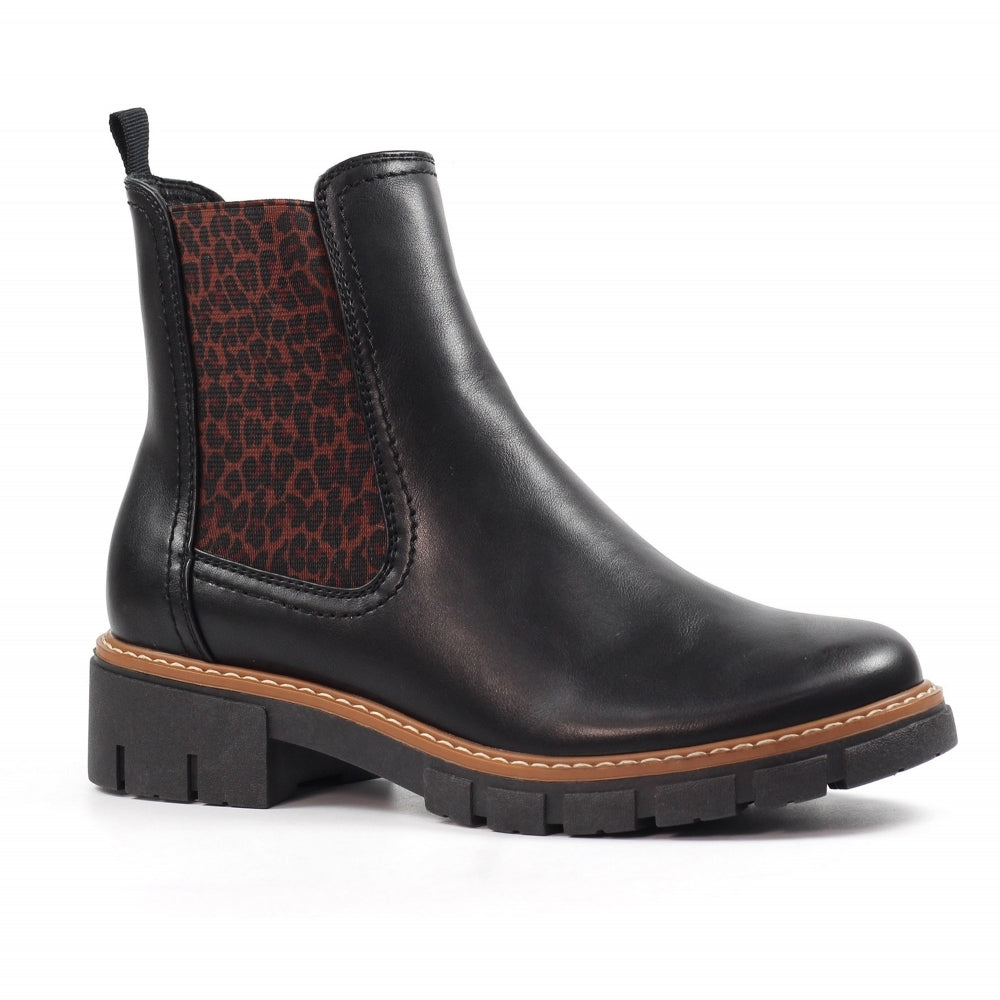 Lunar GLB225 Ribble Ladies Black Pull-On Ankle Boots with leopard-print side panels, chunky sole, and stylish design.