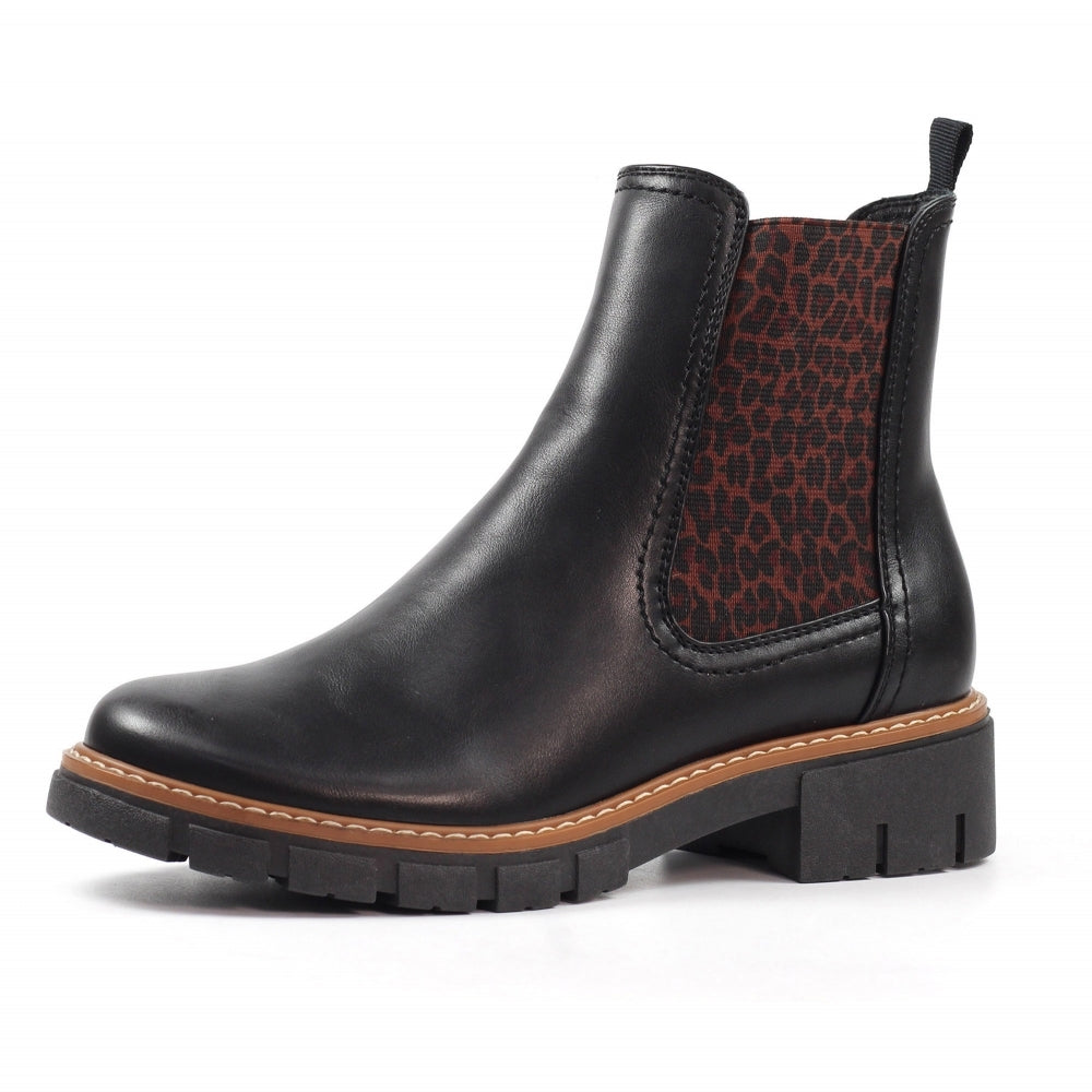 Lunar GLB225 Ribble Ladies Black Pull-On Ankle Boots with leopard print side panel, chunky heel, and durable outsole.