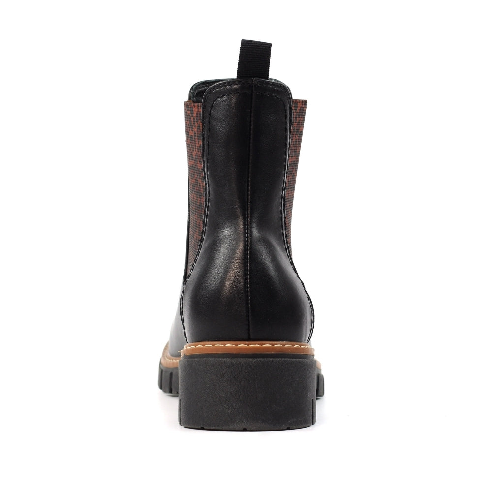 Lunar GLB225 Ribble Ladies Black Leather Pull-On Ankle Boots with Checkered Side Panels and Chunky Sole.