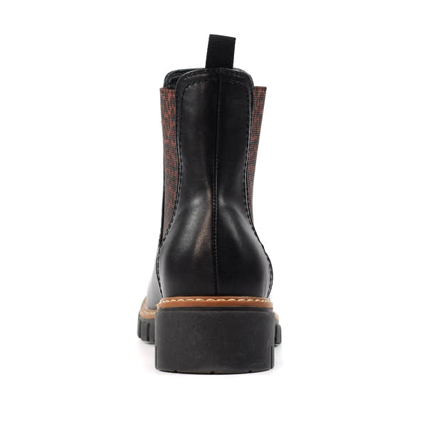 Lunar GLB225 Ribble Ladies Black Leather Pull-On Ankle Boots with Checkered Side Panels and Chunky Sole.