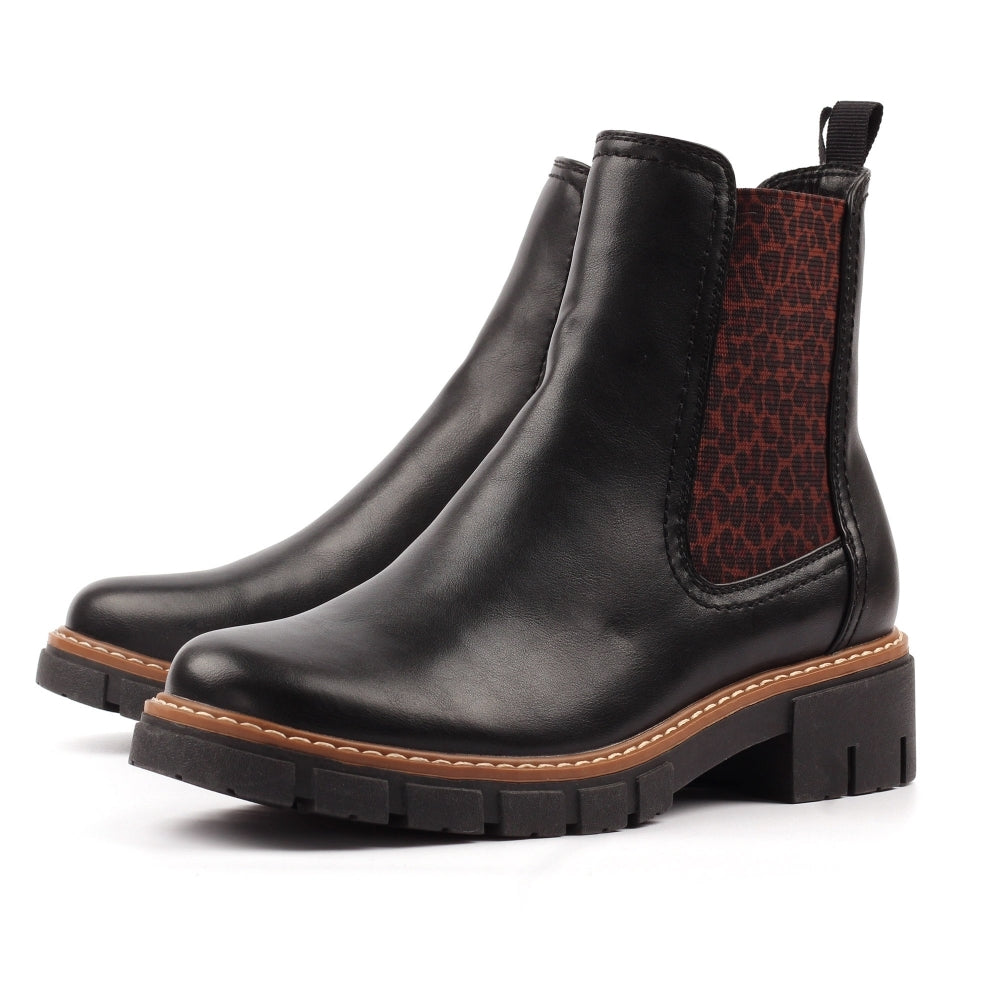 Lunar GLB225 Ribble Ladies Black Pull-On Ankle Boots with red animal print elastic side panels and chunky heel.