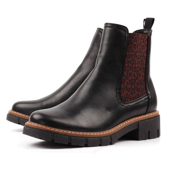 Lunar GLB225 Ribble Ladies Black Pull-On Ankle Boots with red animal print elastic side panels and chunky heel.