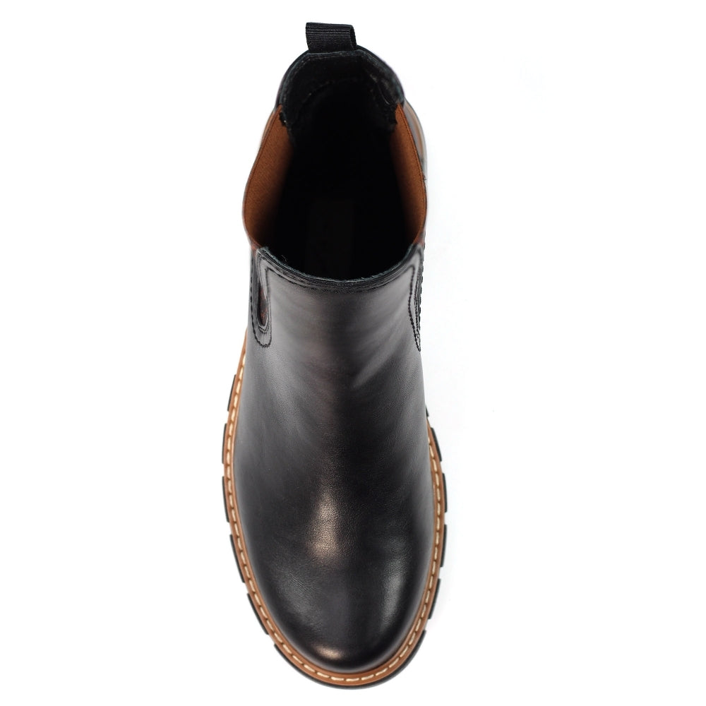 Lunar GLB225 Ribble Ladies Black Pull-On Ankle Boots, sleek leather design with tan accents and durable sole, fashionable everyday footwear.