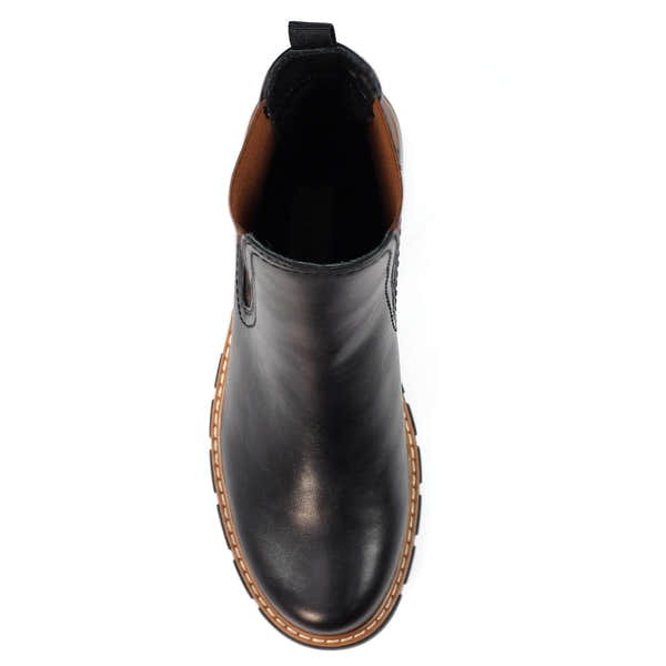 Lunar GLB225 Ribble Ladies Black Pull-On Ankle Boots, sleek leather design with tan accents and durable sole, fashionable everyday footwear.