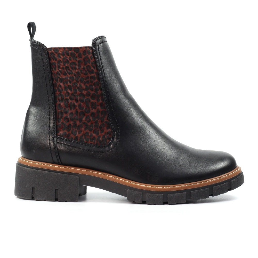 Lunar GLB225 Ribble Ladies Black Pull-On Ankle Boots with leopard-print panels and chunky sole.