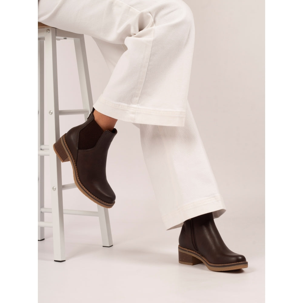 Lunar GLC013 Conrad Women's Brown Pull-On Ankle Boots with low heel and sleek leather design.