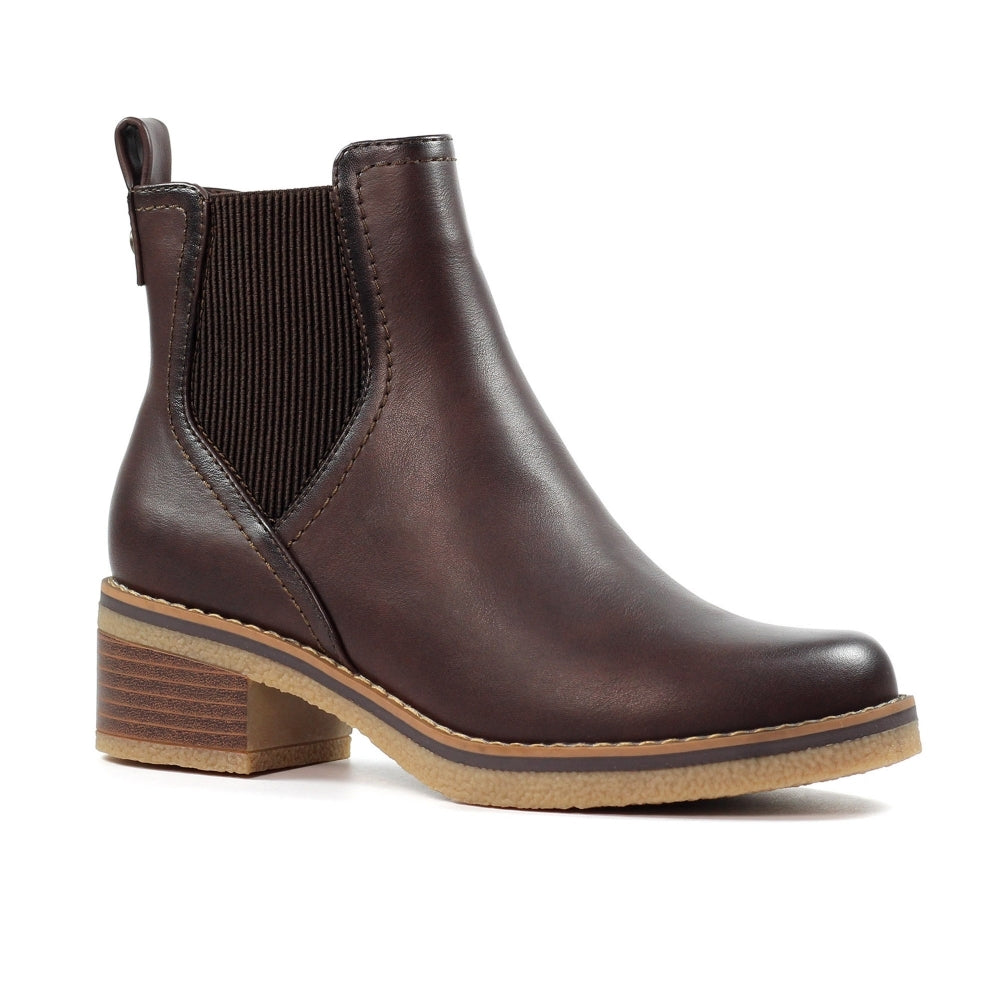 Lunar GLC013 Conrad Ladies Brown Pull-On Ankle Boots, synthetic leather, low block heel, elastic side panels for easy wear.