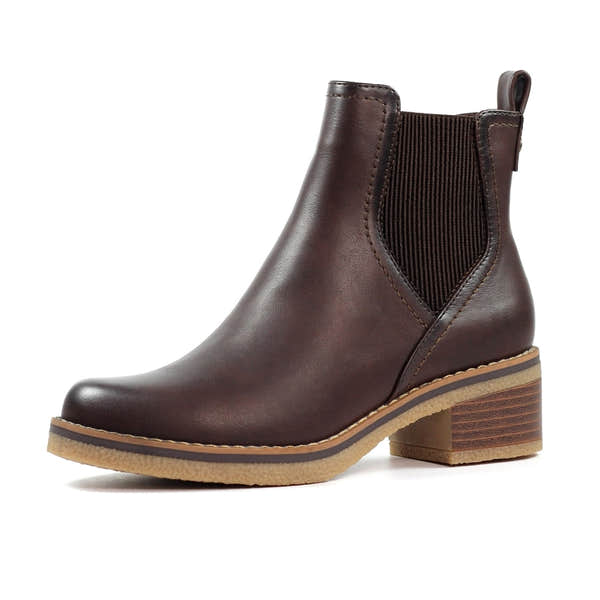 Lunar GLC013 Conrad Ladies Brown Pull-On Ankle Boots with block heel and elastic side panels.