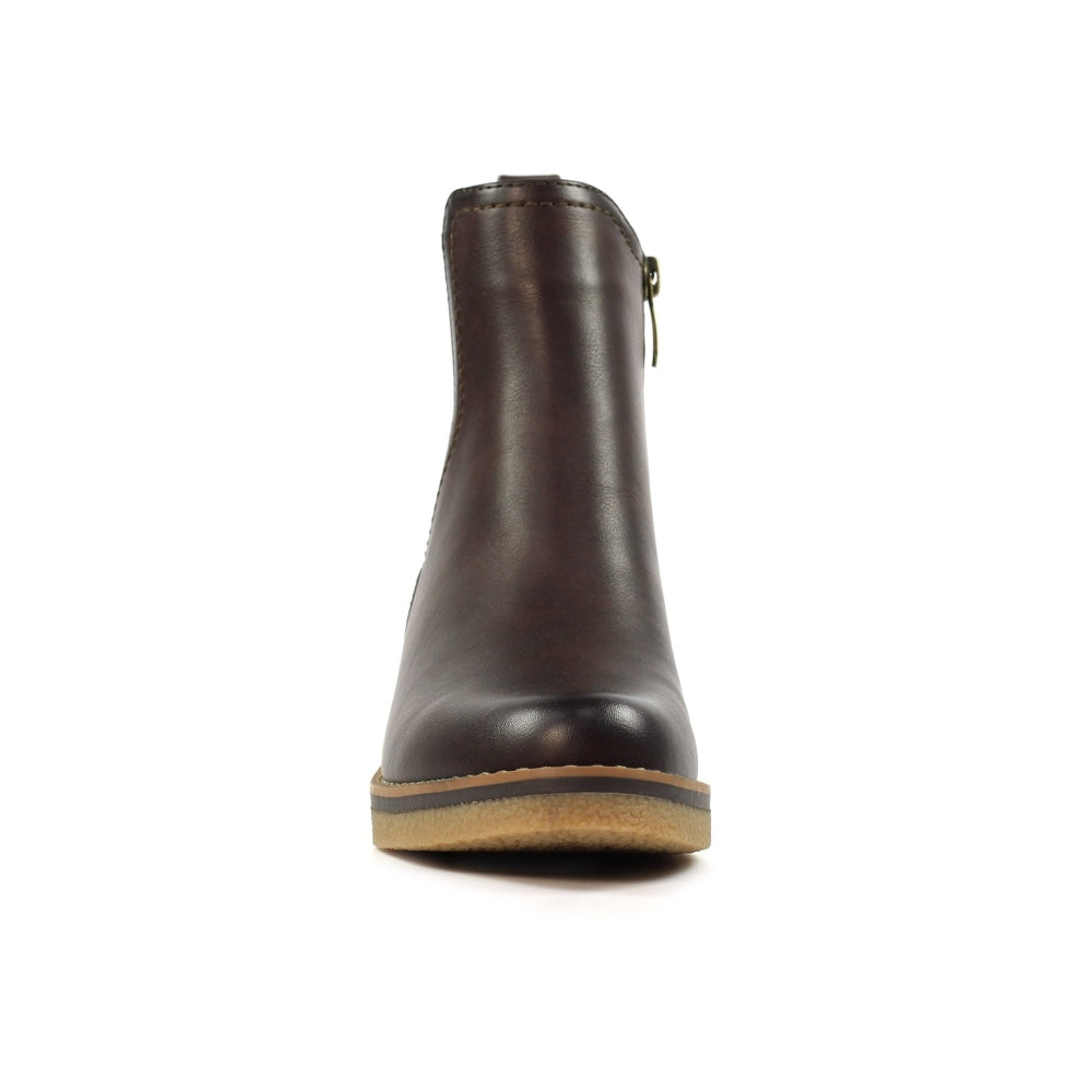 Lunar GLC013 Conrad Ladies Brown Pull-On Ankle Boots, stylish leather footwear with low heel and side zipper.