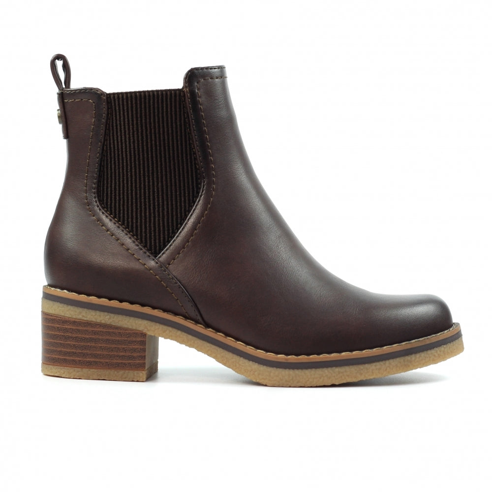 Lunar GLC013 Conrad Ladies Brown Pull-On Ankle Boots, with low chunky heel and elastic side panels.