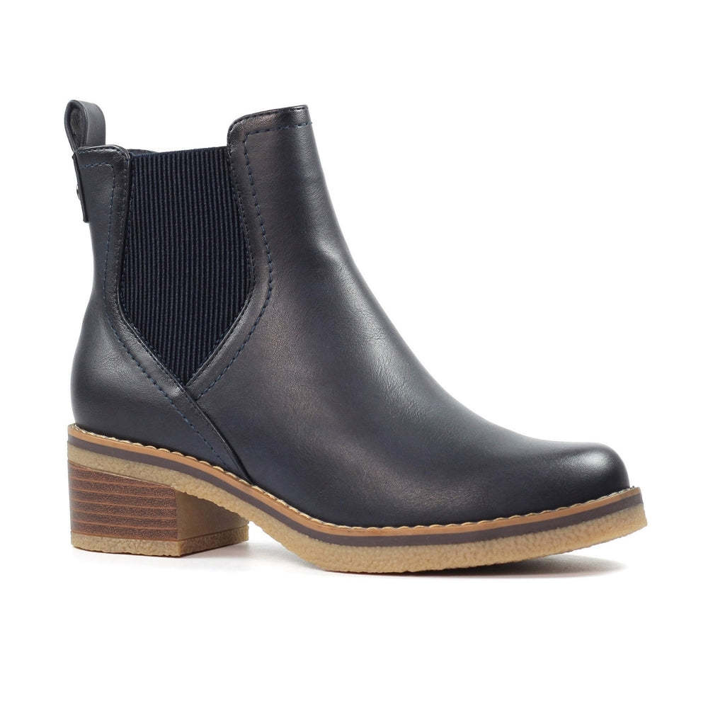 Lunar GLC013 Conrad Ladies Navy Pull-On Ankle Boots, stylish leather ankle boots with elastic side panels and block heel.