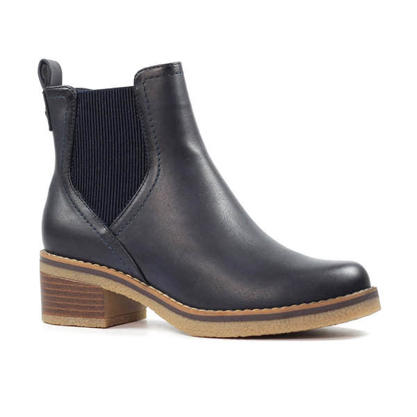 Lunar GLC013 Conrad Ladies Navy Pull-On Ankle Boots, stylish leather ankle boots with elastic side panels and block heel.