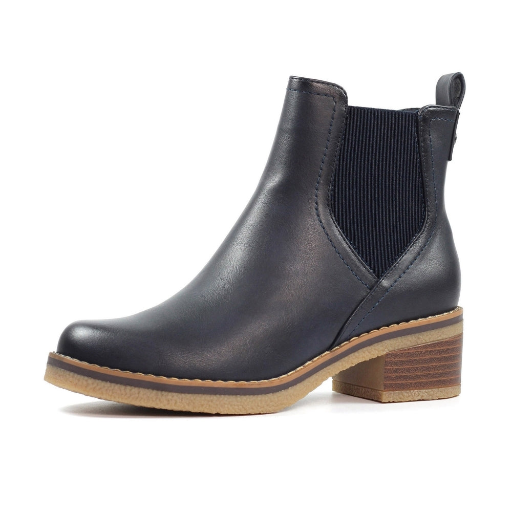 Lunar GLC013 Conrad Ladies Navy Pull-On Ankle Boots with stacked heel and elastic side panels.