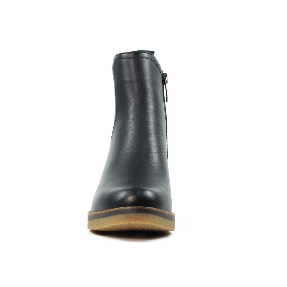 Lunar GLC013 Conrad Ladies Navy Pull-On Ankle Boots, black leather, slip-on style with low heel and beige sole.