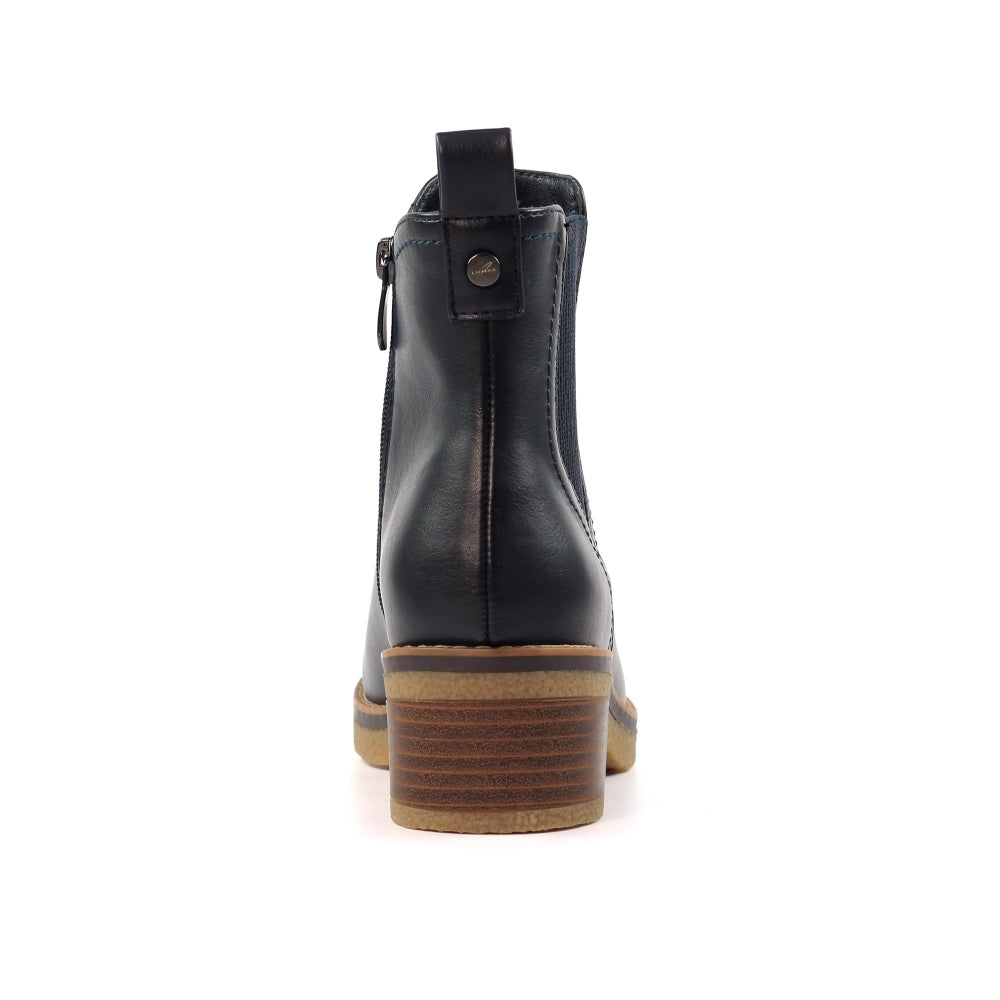 Lunar GLC013 Conrad Ladies Navy Pull-On Ankle Boots, black leather, chunky heel, stylish casual footwear.