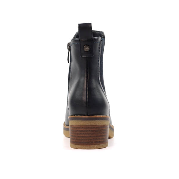 Lunar GLC013 Conrad Ladies Navy Pull-On Ankle Boots, black leather, chunky heel, stylish casual footwear.