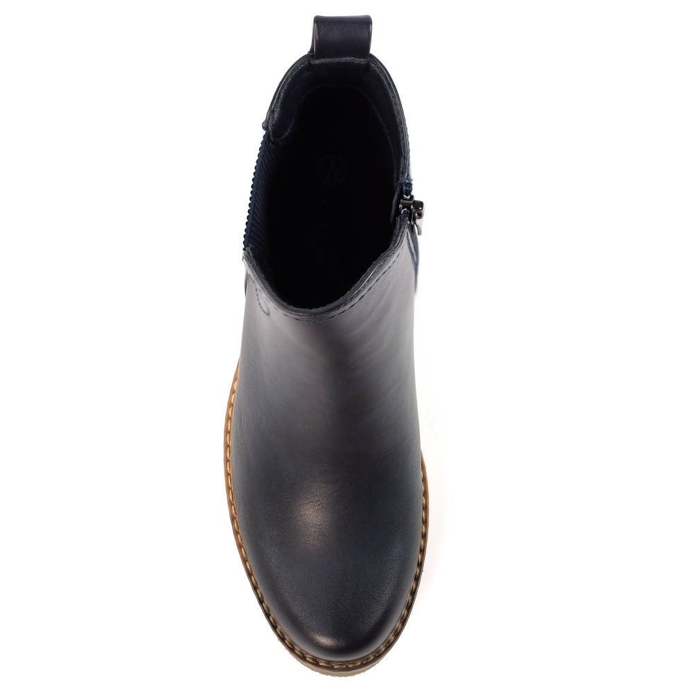 Lunar GLC013 Conrad Ladies Navy Pull-On Ankle Boots, slip-on footwear with leather upper, round toe, and low block heel.