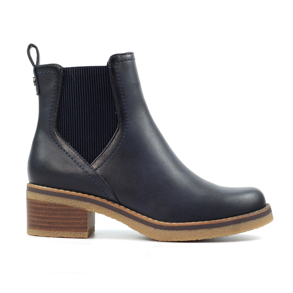 Lunar GLC013 Conrad Ladies Navy Pull-On Ankle Boots with block heel and elastic side panels.