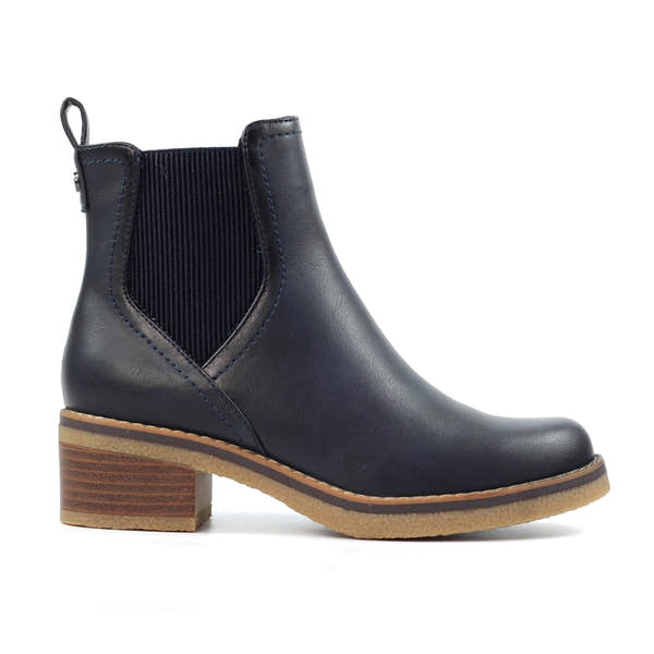 Lunar GLC013 Conrad Ladies Navy Pull-On Ankle Boots with block heel and elastic side panels.