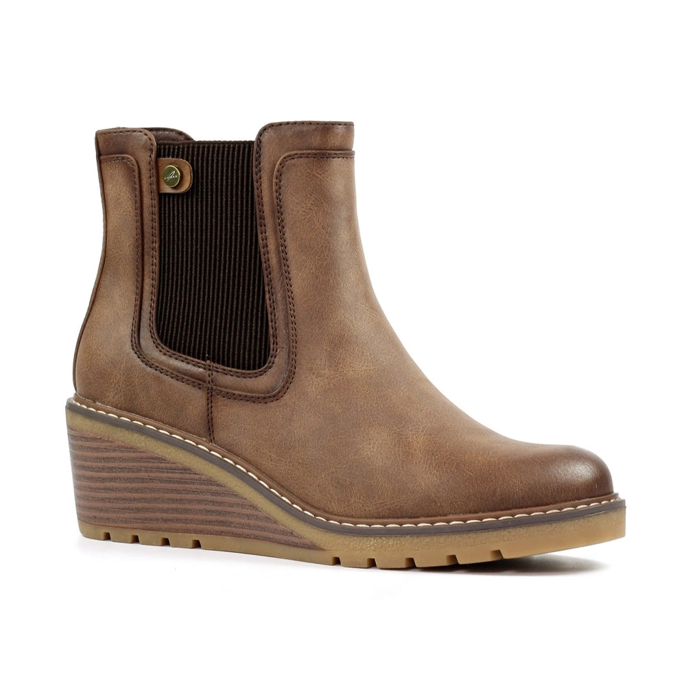 Lunar GLC014 Connie Ladies Brown Side Zip Ankle Boots with stacked wedge heel and Chelsea style design.