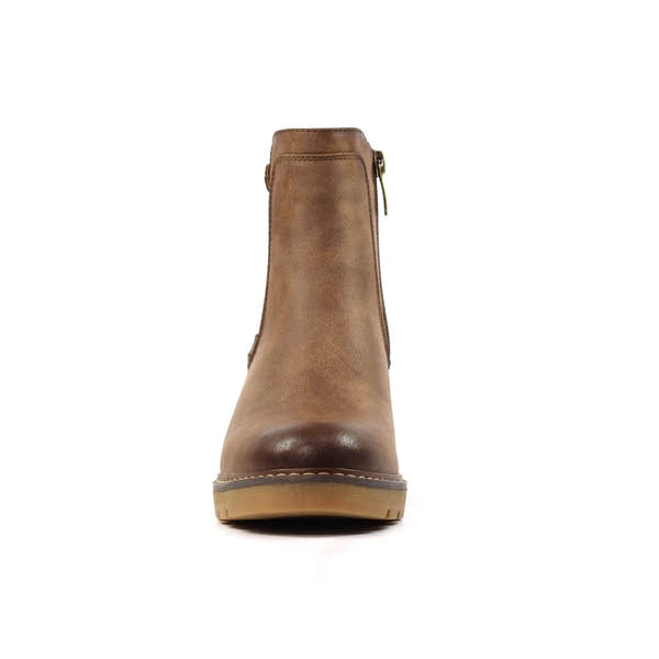 Lunar GLC014 Connie Ladies Brown Side Zip Ankle Boots with rounded toe and low heel, stylish and comfortable for casual wear.