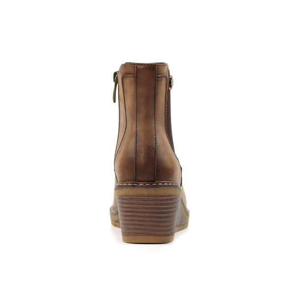 Lunar GLC014 Connie ladies' brown side zip ankle boots with stacked heel and stylish design.