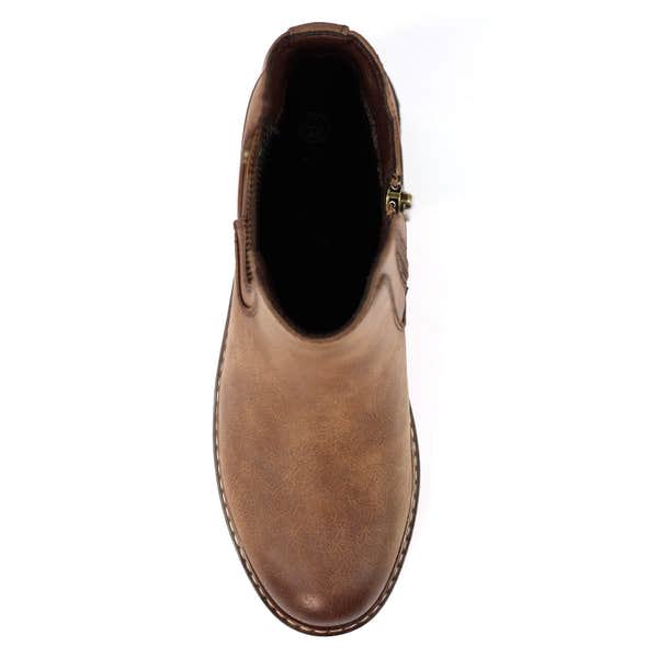 Lunar GLC014 Connie Women's Brown Side Zip Ankle Boots with rounded toe and low heel.