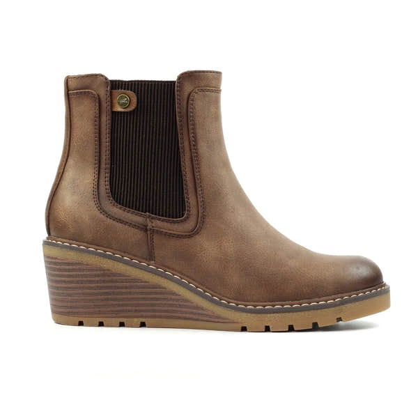 Lunar GLC014 Connie Ladies Brown Side Zip Ankle Boots with wedge heel and elastic side panel.