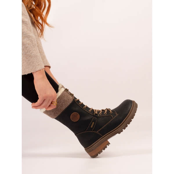 Lunar GLH006 Cambridge women's black waterproof mid-calf boots with zip and lace details, rugged sole, and cozy lining.