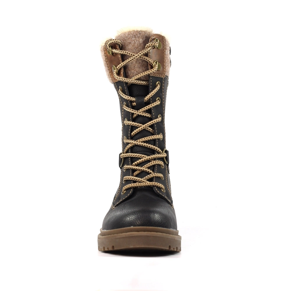 Lunar GLH006 Cambridge women's black waterproof mid-calf boots with lace and zip, cushioned insulation, and rugged sole.