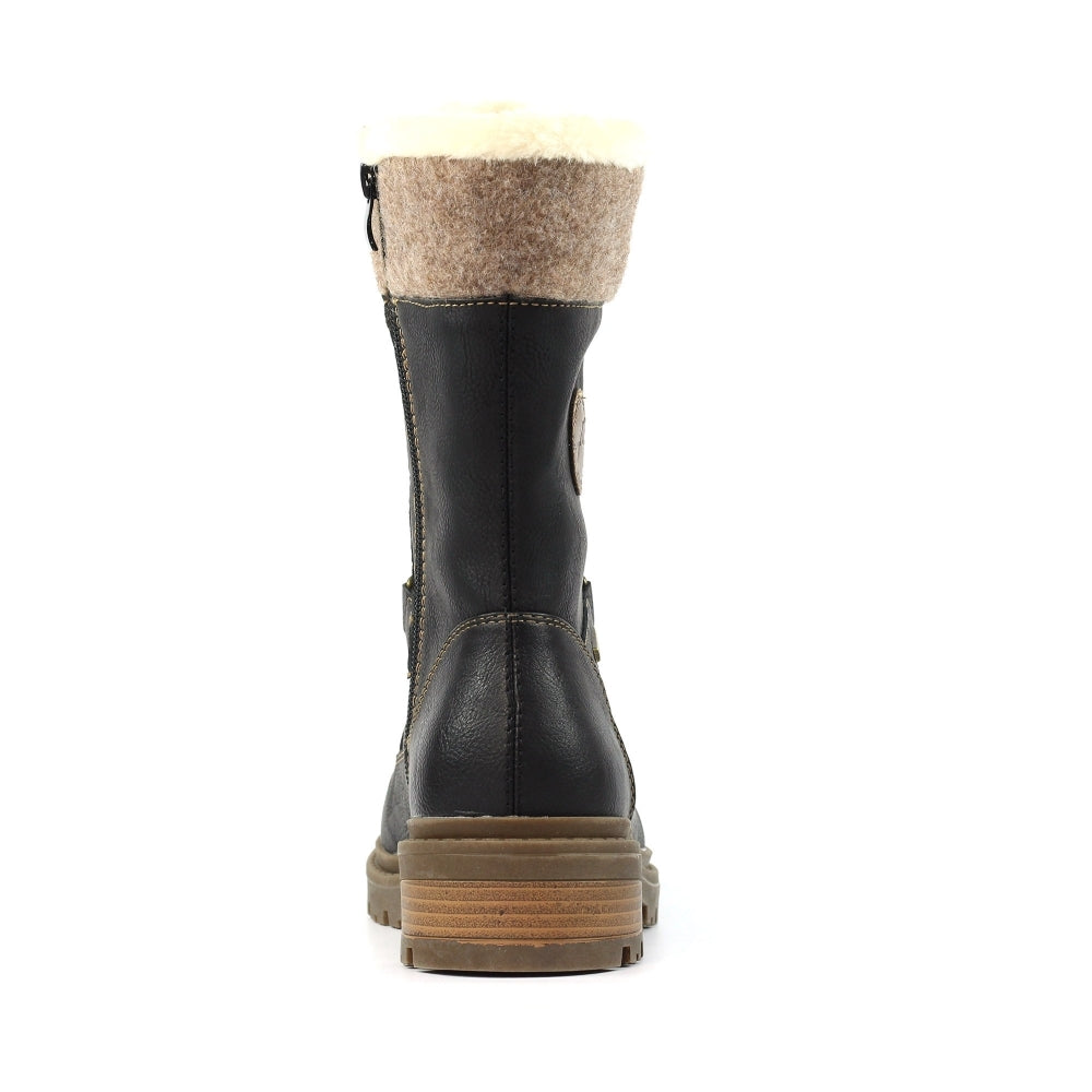 Lunar GLH006 Cambridge Black Waterproof Mid-Calf Boots with Zip and Lace, faux fur lining, rugged sole.