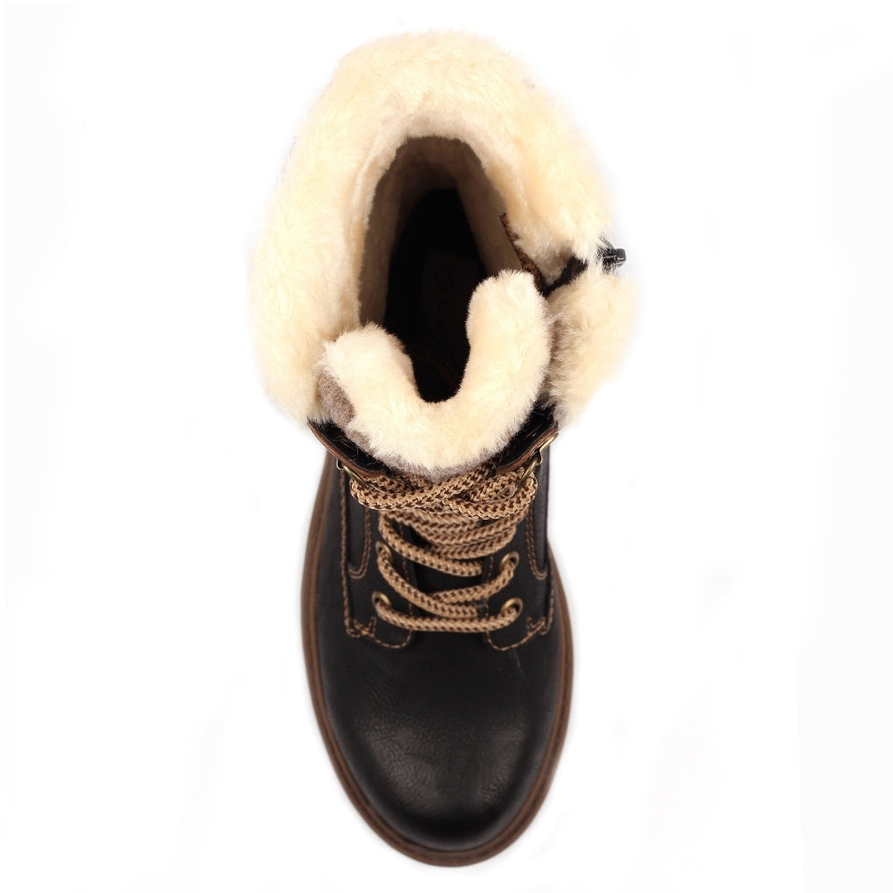 Lunar GLH006 Cambridge Women's Black Waterproof Mid-Calf Boots with lace-up front and plush fur lining.