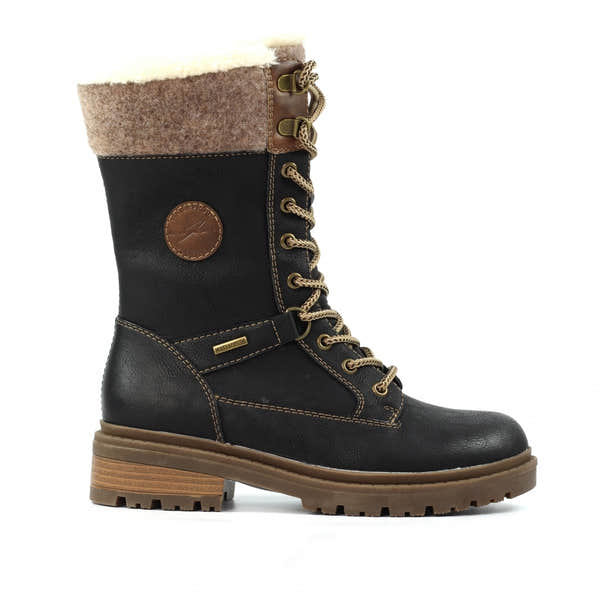 Lunar GLH006 Cambridge women's black waterproof lace-up mid-calf boots with shearling collar and durable sole.
