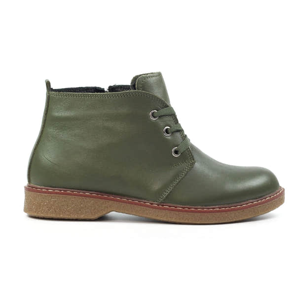 Lunar GLR014 Claire II Women's Green Leather Ankle Boots with Zipper & Lace Up Detailing, Low Heel, Rugged Soles.