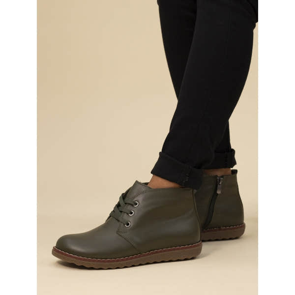 Lunar GLR014 Claire II women's green leather ankle boots with zip, lace-up design, and side zipper detail.