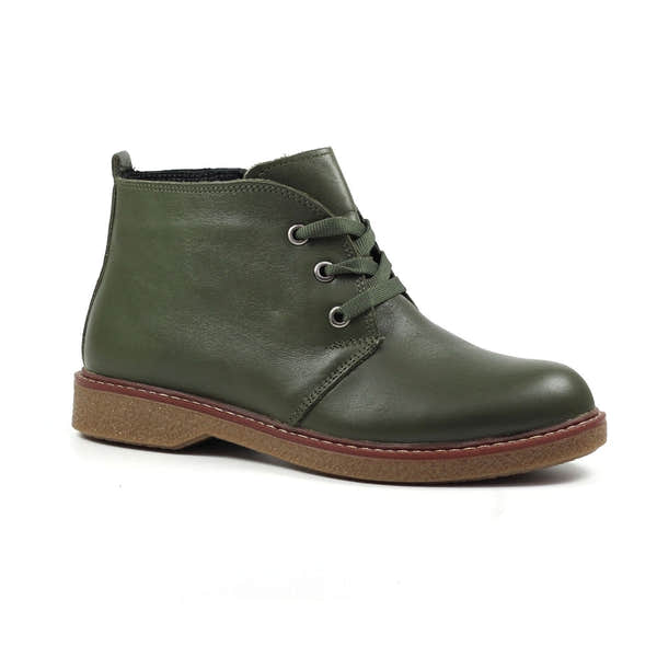 Lunar GLR014 Claire II Ladies Green Leather Ankle Boots with lace-up and zipper, chunky sole, stylish and comfortable footwear.