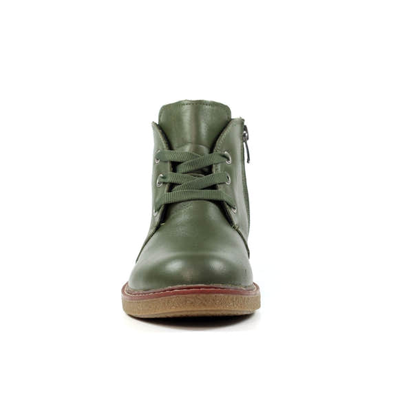 Lunar GLR014 Claire II women's green leather ankle boot with lace-up front and side zipper, featuring a stylish zipper and lace design.