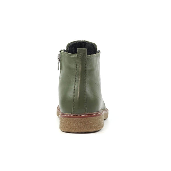 Lunar GLR014 Claire II Ladies Green Leather Ankle Boots with zip and lace details, faux fur lining, and beige rubber sole.