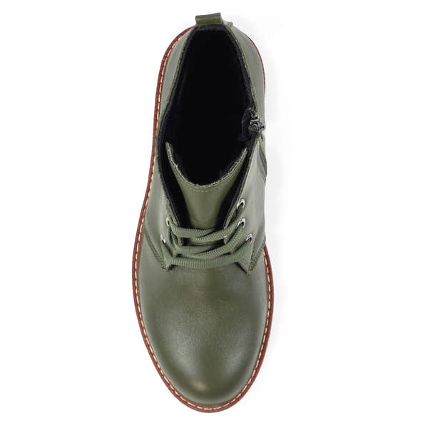Lunar GLR014 Claire II Ladies Green Leather Ankle Boots with Zip and Lace Details, suede sole, ankle-high style.