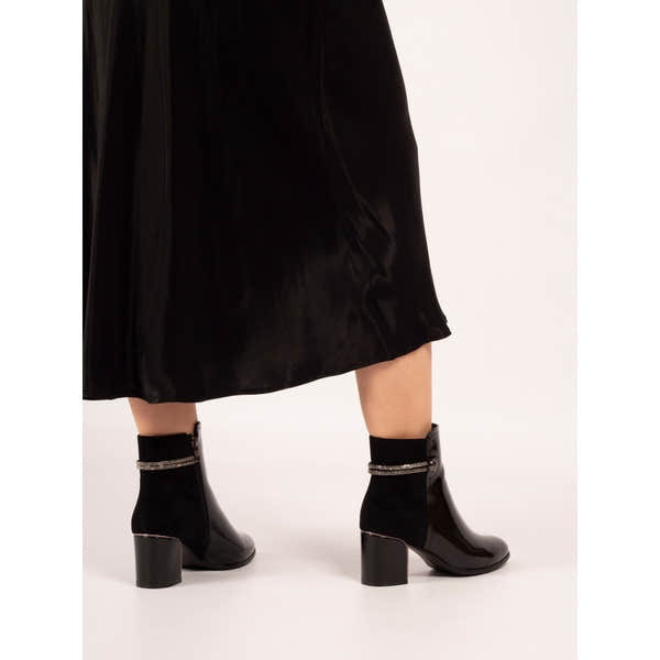 Lunar GLR107 Lily Ladies Black Side Zip Ankle Boots with Block Heel and Embellished Anklet Detail