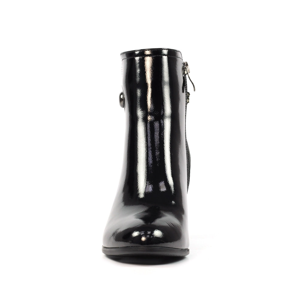 Lunar GLR107 Lily Ladies Black Side Zip Ankle Boots, shiny leather, knee-high style, with side zipper detail.