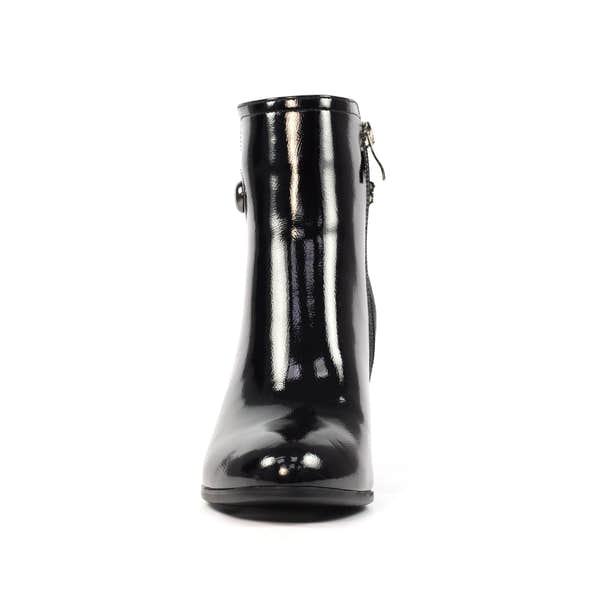 Lunar GLR107 Lily Ladies Black Side Zip Ankle Boots, shiny leather, knee-high style, with side zipper detail.