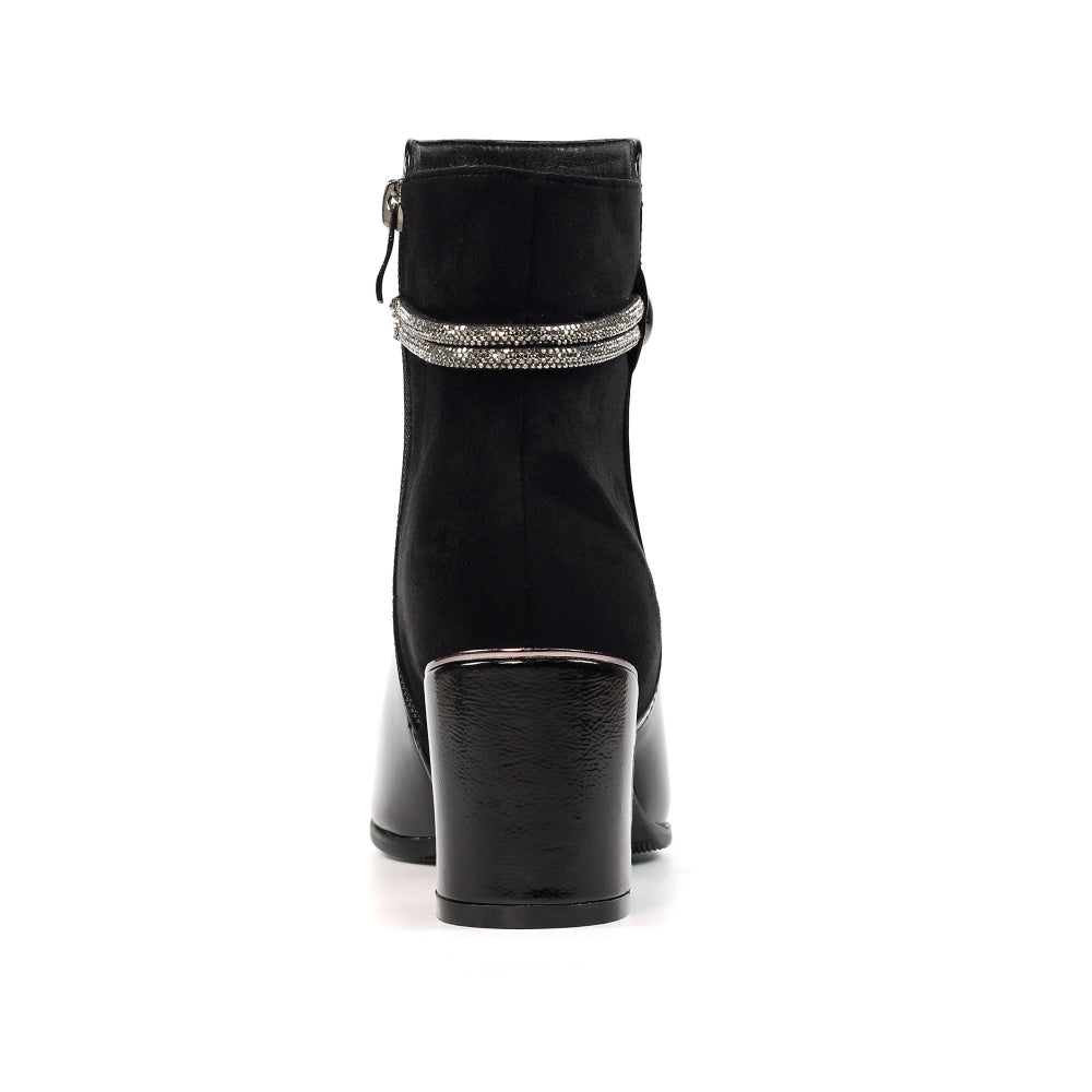 Lunar GLR107 Lily Ladies Black Side Zip Ankle Boots with chunky heel and decorative rhinestone strap.